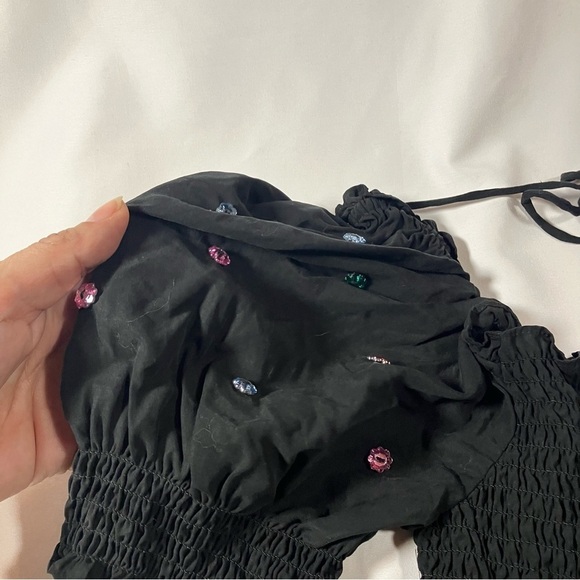 Hill House Jammie Jewel Crystal Stone Embellished Smocked Puff Sleeve Black Top - Picture 4 of 9